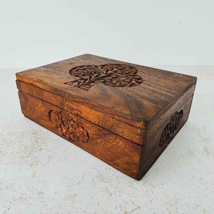 Three quarter view of vintage tree of life wooden box
