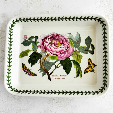 Front view of Portmeirion baking dish showing pink peony decoration and vine border