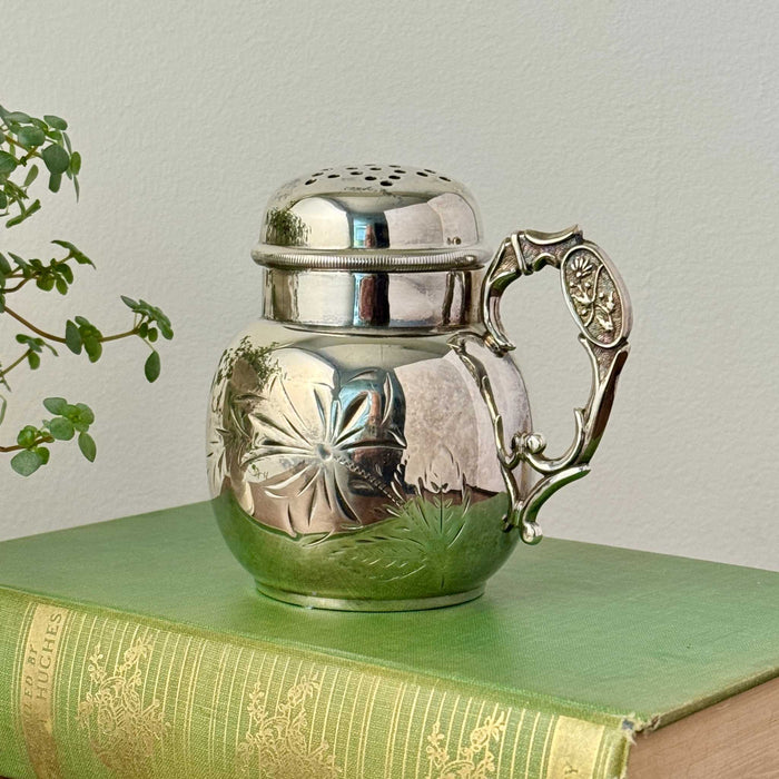 Vintage silver sugar shaker with pierced lid, floral engraving, and ornate handle, styled on a green antique book with trailing plant
