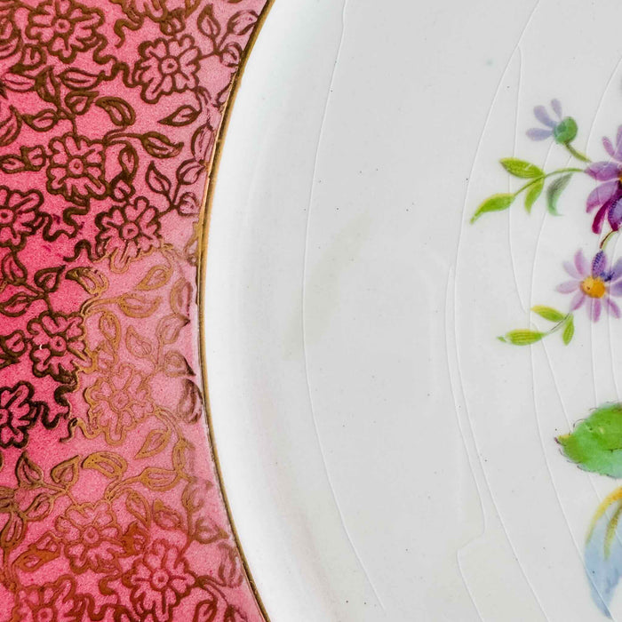 Close-up of cake plate floral decoration and crazing