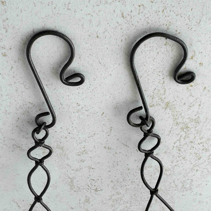 Close-up of hanging wire basket hooks