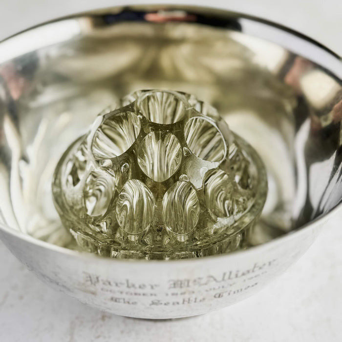 Styled view of the 19-hole glass frog placed in an engraved silver bowl