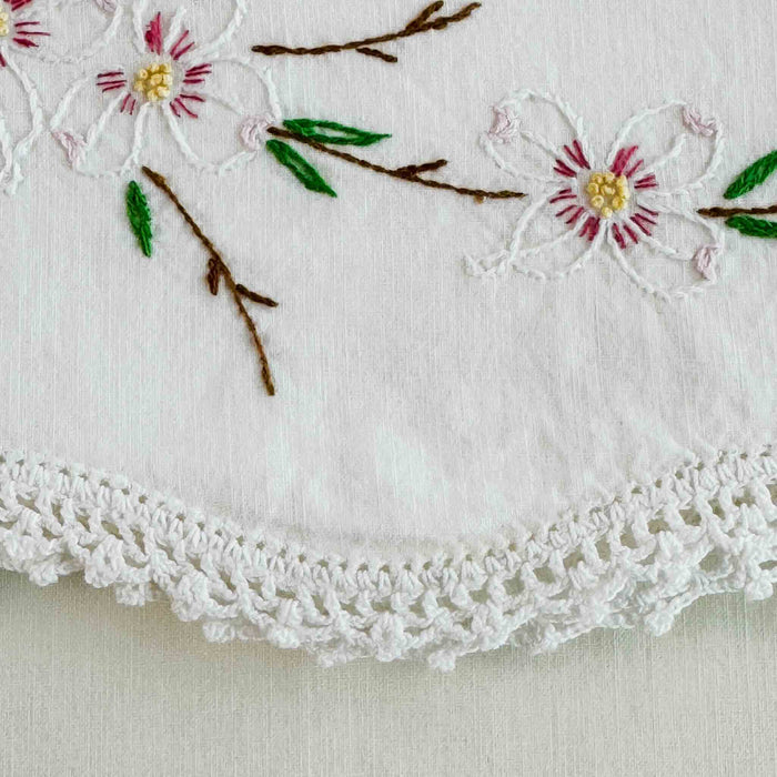 Close-up of embroidery and crochet edge on pillowcase