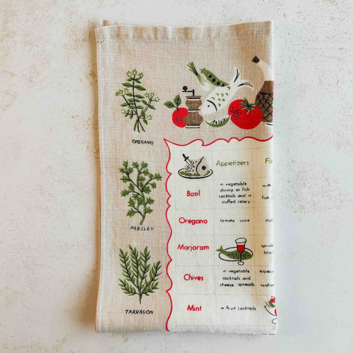 Folded tea towel showing upper left border illustrations
