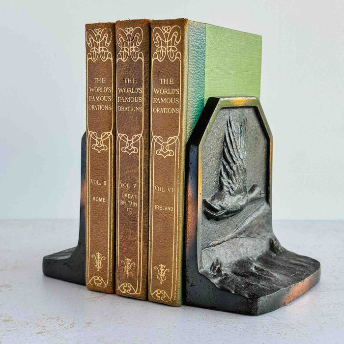 Vintage cast iron bookends in use with leather-bound books, showing duck-in-flight relief panel with dark finish and copper highlights