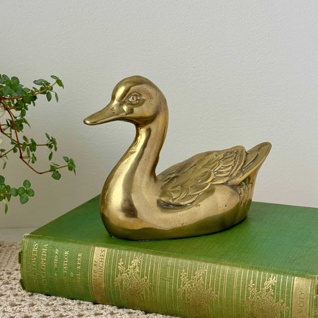 Vintage brass duck figurine with warm patina and raised wing detail, styled on a green antique book with trailing plant