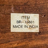 Label on wood and brass duck indicating 'Item BR-15601 Made in India'.