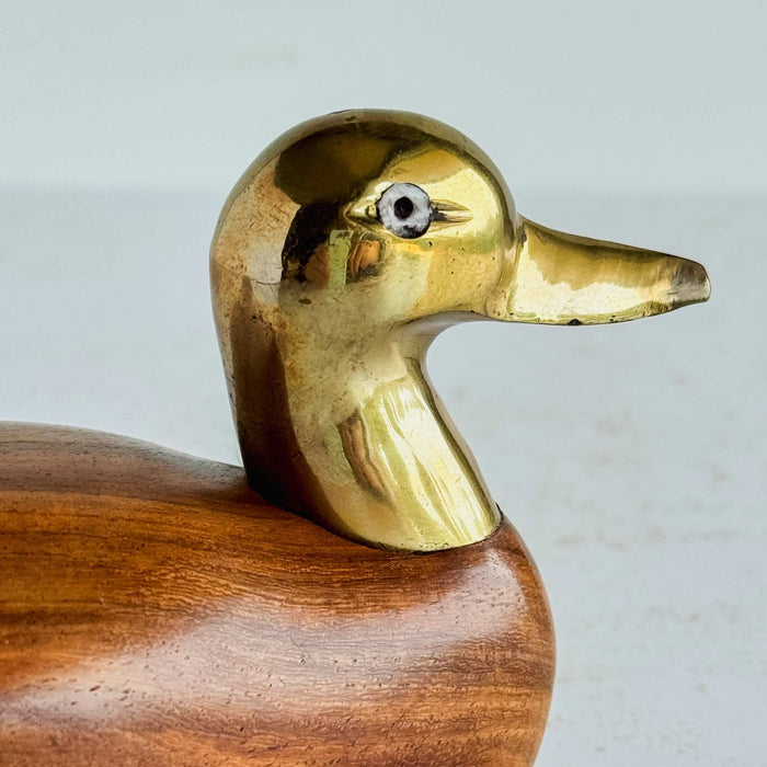 Close-up of brass duck head showing inlaid eye