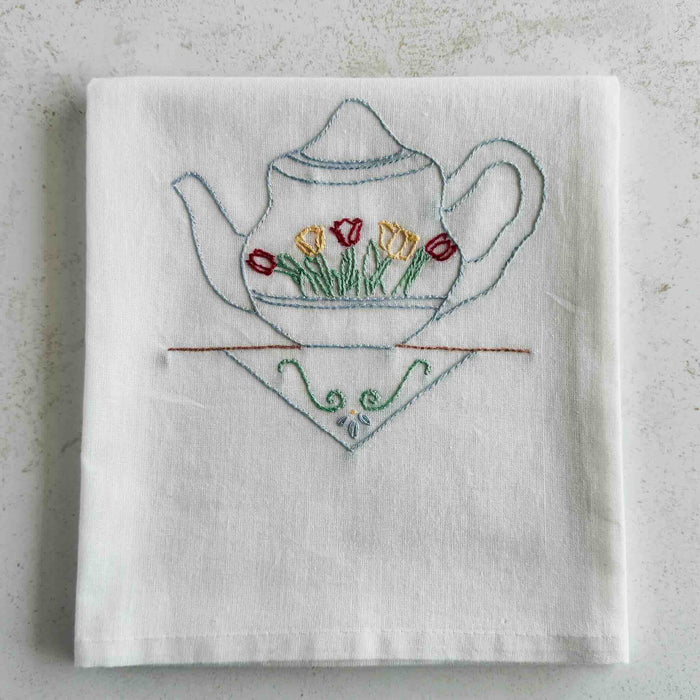 Blue teapot tea towel folded for storage