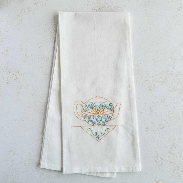 Yellow teapot tea towel folded for hanging