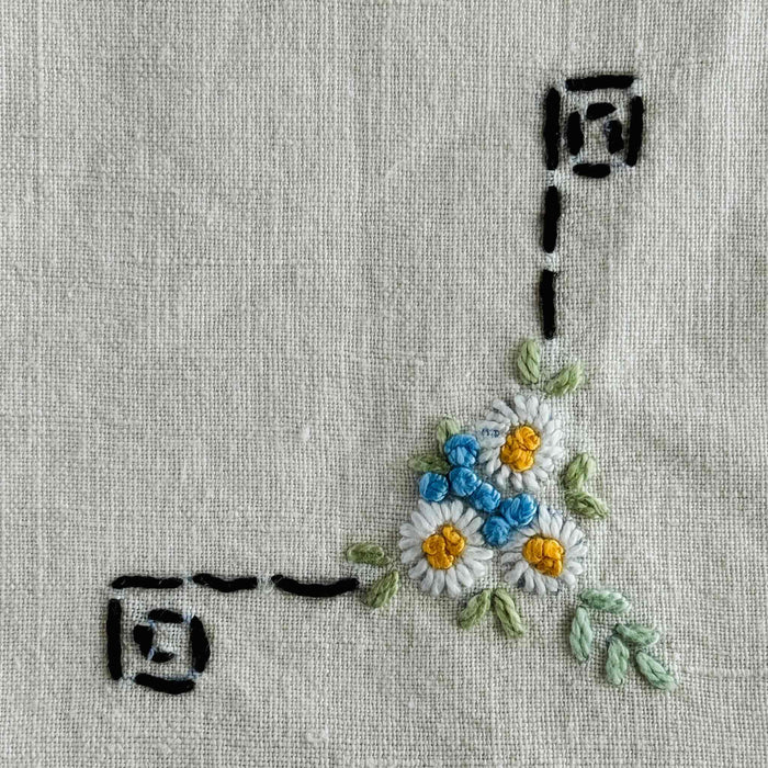 Close-up of embroidery on cocktail napkin