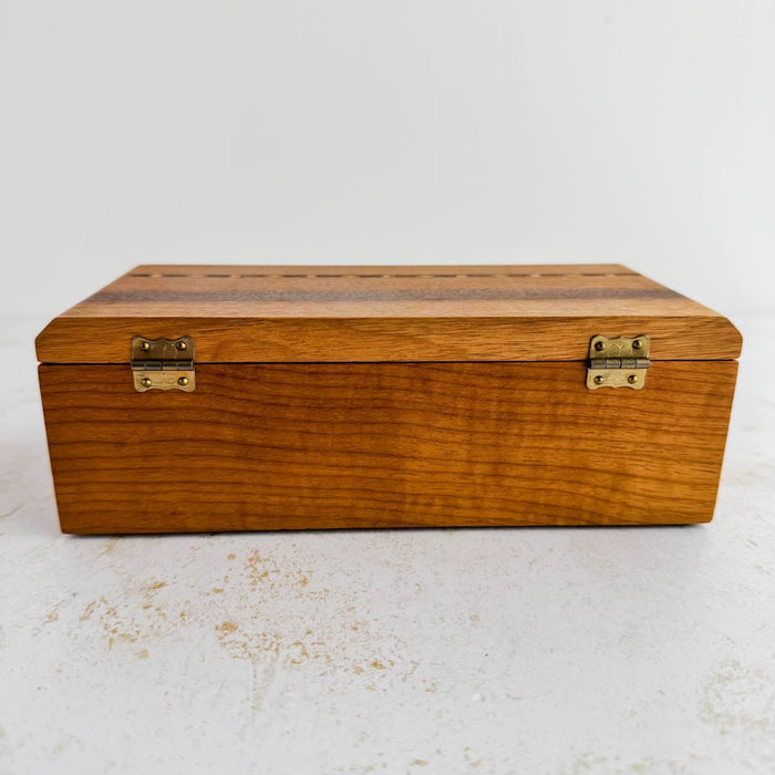Back of inlaid wood box showing hinges