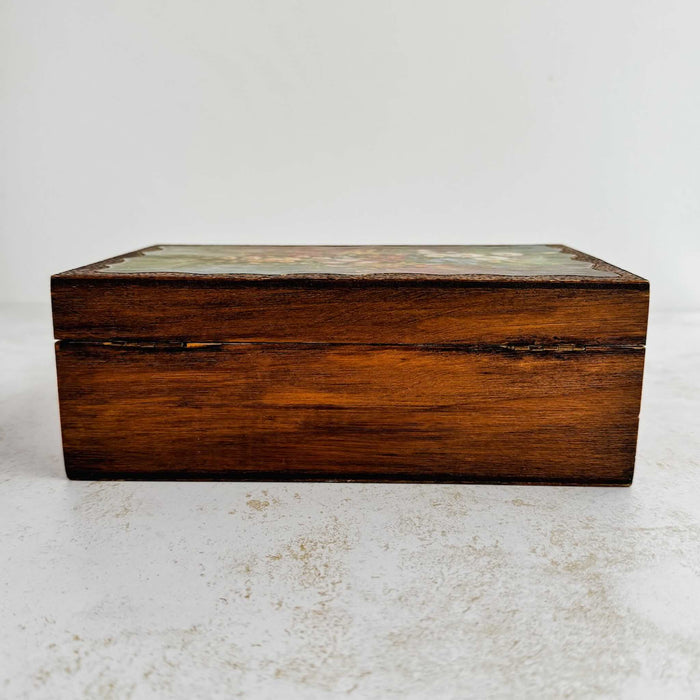 Back side of vintage floral wood keepsake box