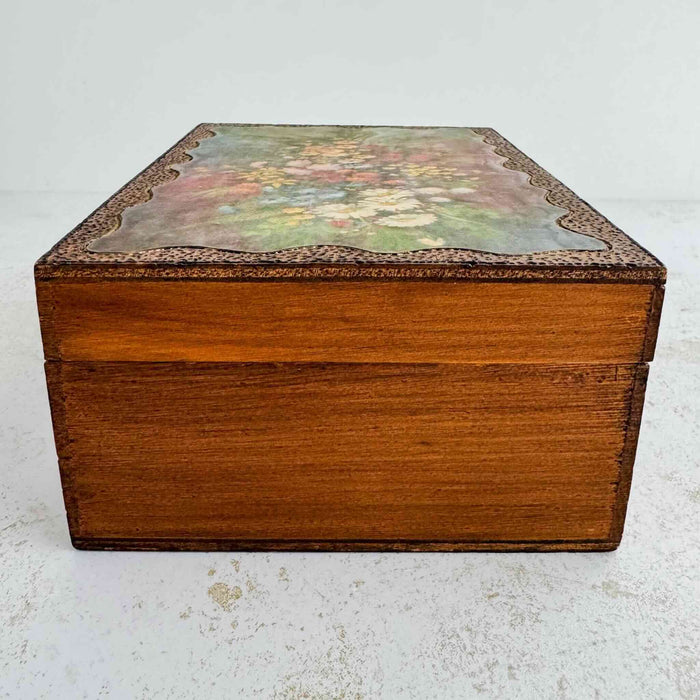 End view of vintage floral wood keepsake box