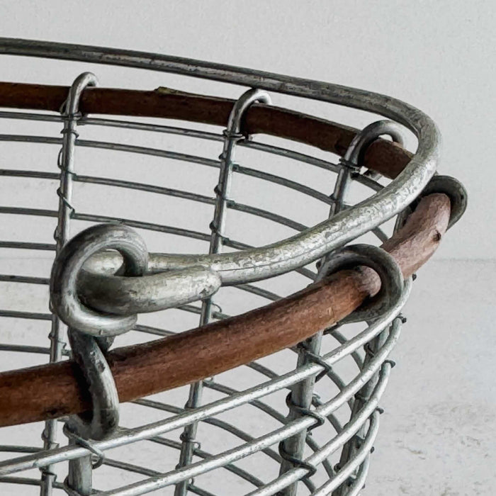 Close-up of opposite rim/handle connection on wire and twig basket