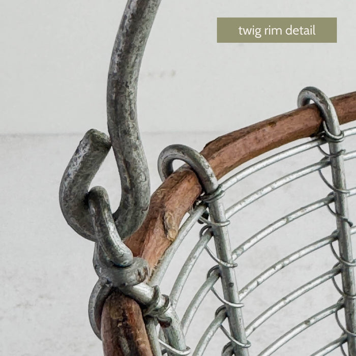 Close-up of the basket rim showing a natural twig incorporated into the wire structure, labeled “twig rim detail.”