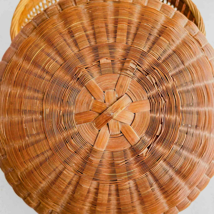 Close-up of woven basket lid showing areas of breakage