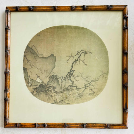 Framed print of Chinese viewing plum blossoms painting against a light background