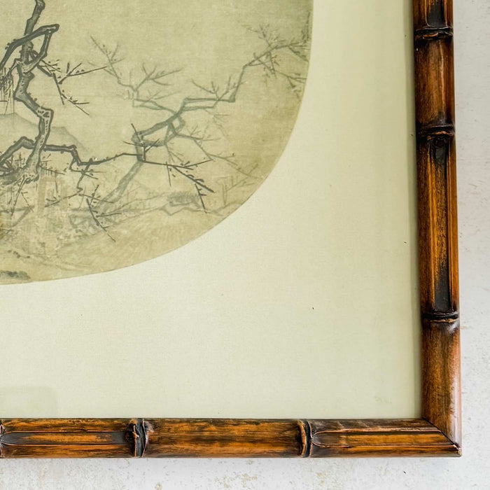 Close-up of bamboo frame corner on print of Chinese painting