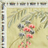 Close-up of embroidered  pink and blue-gray flowers on a pale gold background
