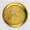 Full view of vintage engraved brass tray showing bird decoration and discolored surface areas