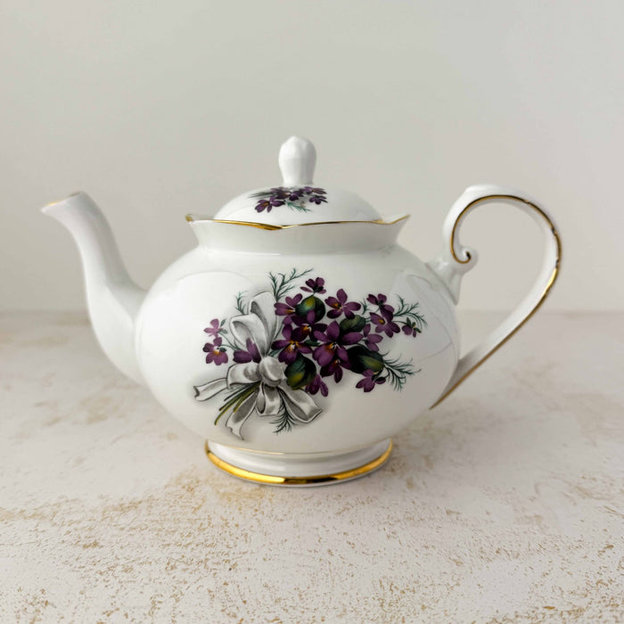 Side view of Royal Grafton purple violets teapot