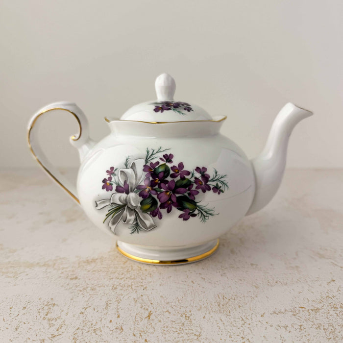 Opposite side view of Royal Grafton purple violets teapot