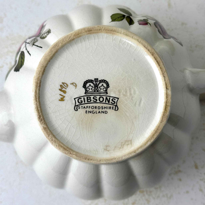 Vintage Gibsons Staffordshire England teapot base showing the crown backstamp and crazing in the ivory glaze.