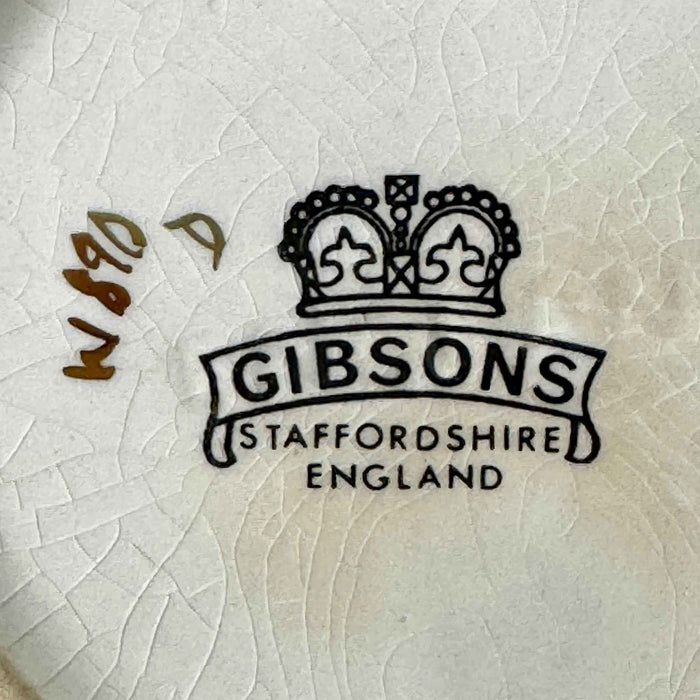 Vintage Gibsons Staffordshire England teapot, close-up of the crown backstamp on the base.