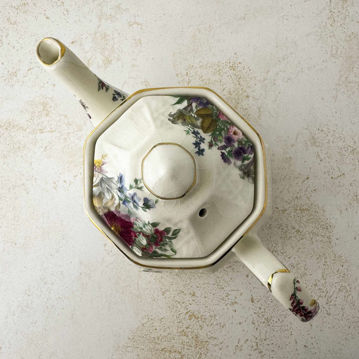 Top down view of Sadler Windsor floral basket weave teapot