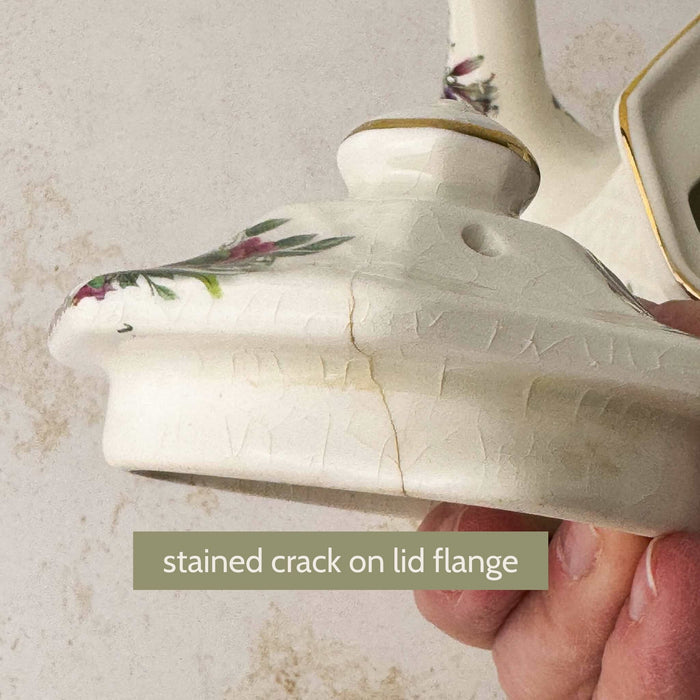 Side view of the lid showing a stained crack on the inner flange with 'stained crack on lid flange' text label