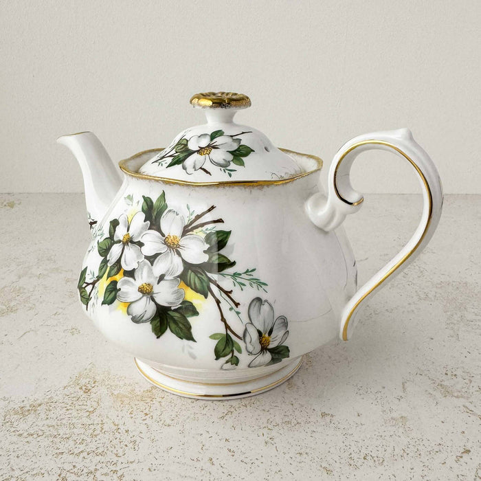 Three-quarter view of Royal Albert White Dogwood teapot