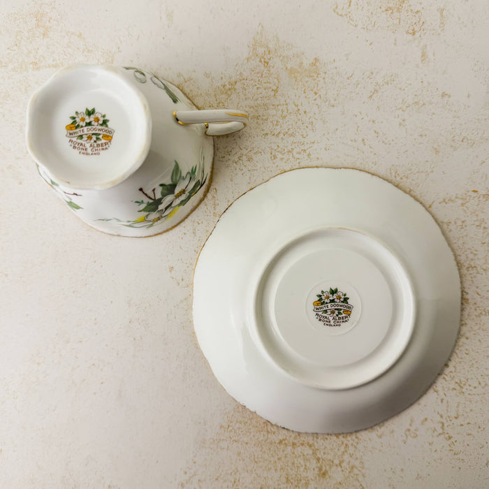 Bottom view of Royal Albert White Dogwood teacup and matching saucer