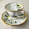 Three-quarter view of Royal Albert White Dogwood teacup and matching saucer