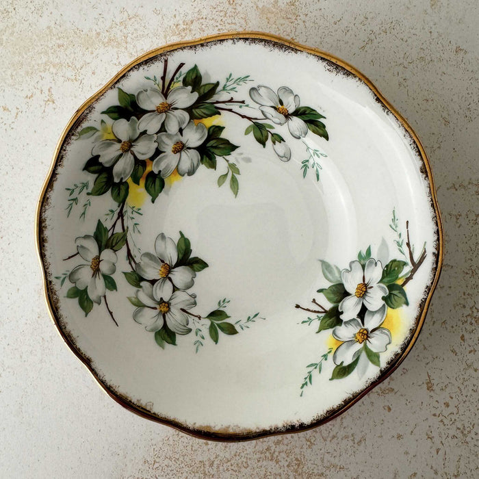 Top down view of Royal Albert White Dogwood dessert bowl