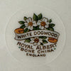 Close-up of Royal Albert White Dogwood dessert bowl backstamp