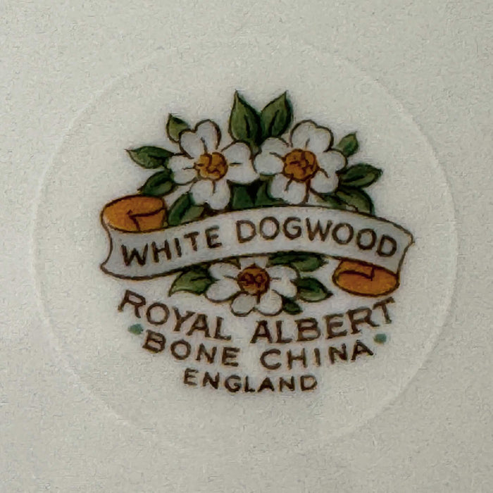 Close-up of Royal Albert White Dogwood dessert bowl backstamp