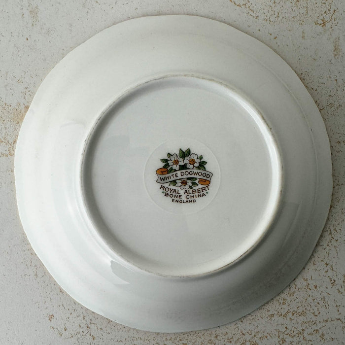 Bottom view of Royal Albert White Dogwood dessert bowl