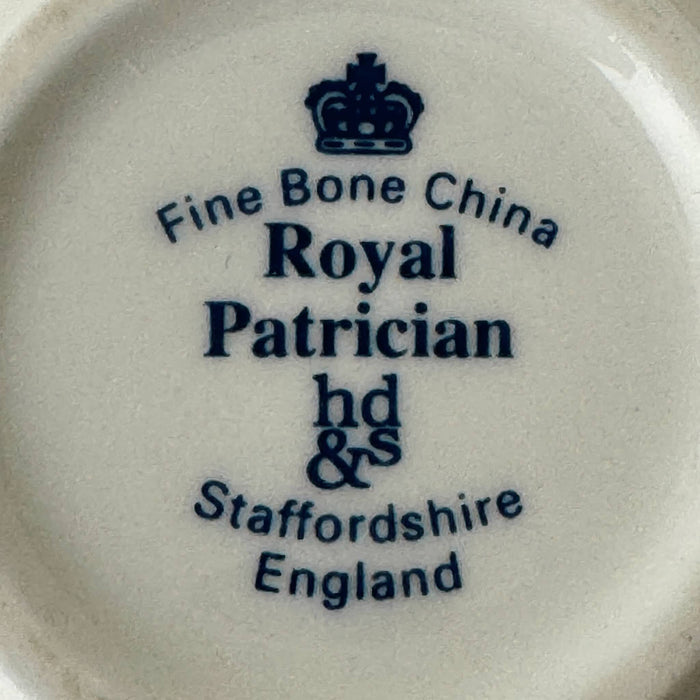 Backstamp on base of Royal Patrician fine bone china reading "Fine Bone China, Royal Patrician, hd&s, Staffordshire England" with crown mark