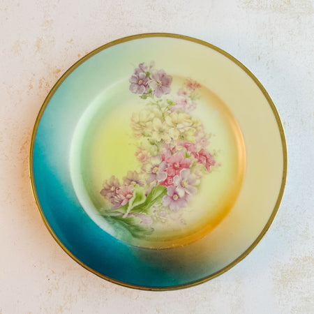 Full view of vintage bavaria plate showing spray of purple flowers against a background that transitions from blue to light yellow