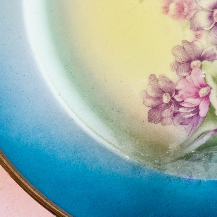 Close-up lower left section of the vintage bavaria plate showing the gold edge, blue border, and purple blossoms