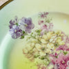 Close-up upper left section of the vintage bavaria plate showing the gold edge, pale blue border, and purple and white blossoms