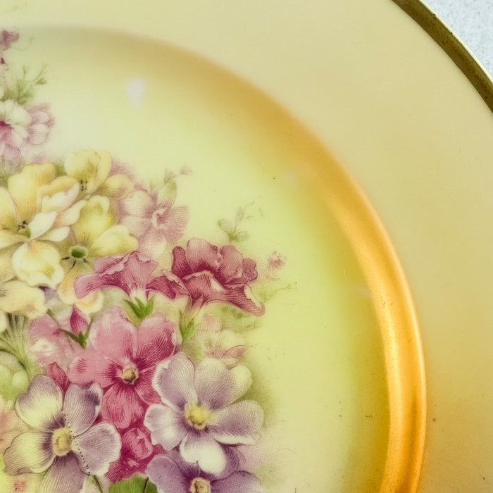 Close-up upper right section of the vintage bavaria plate showing the gold edge, pale yellow border, and purple and white blossoms