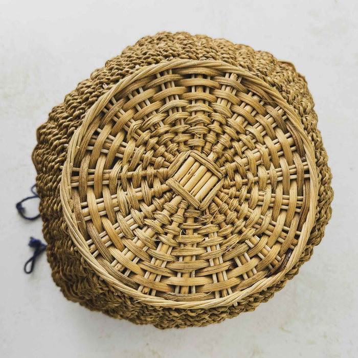 Bottom view of antique wicker vanity basket with beaded hexagonal form