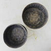 Top down view showing interior of basket and lid of vintage woven bamboo rice basket
