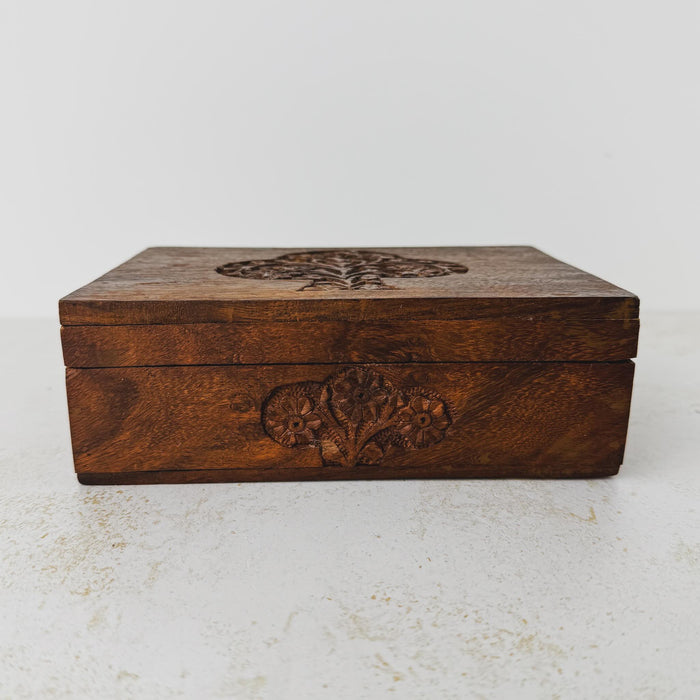 Front view of vintage tree of life wooden box
