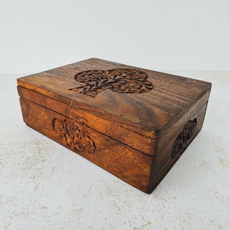 Three quarter view of vintage tree of life wooden box