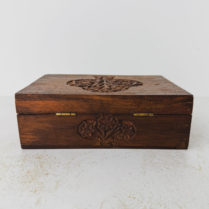 Back view of vintage tree of life wooden box