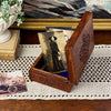 Hand carved Tree of Life wood box displayed open with vintage photographs showing carved details and keepsake storage
