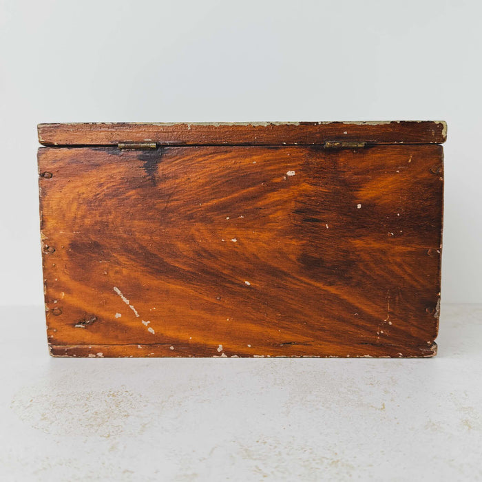 Back view of antique primitive storage box with faux grain paint finish